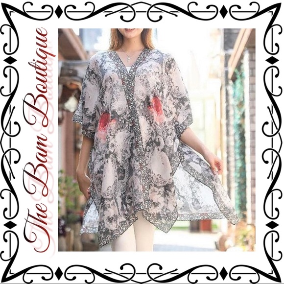Gray & Pink Abstract Floral Kimono - Picture 1 of 5